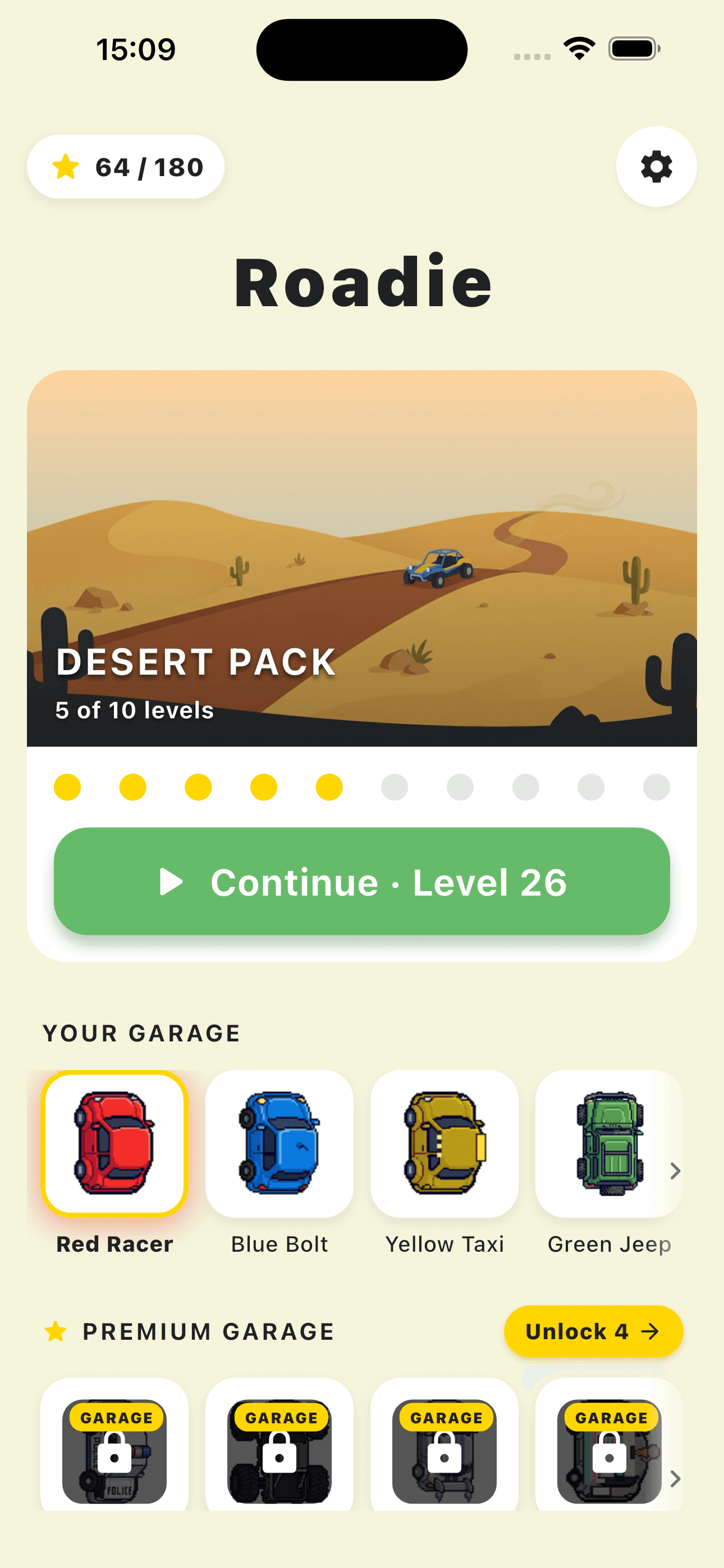 Roadie home screen with the Desert Pack and garage cars