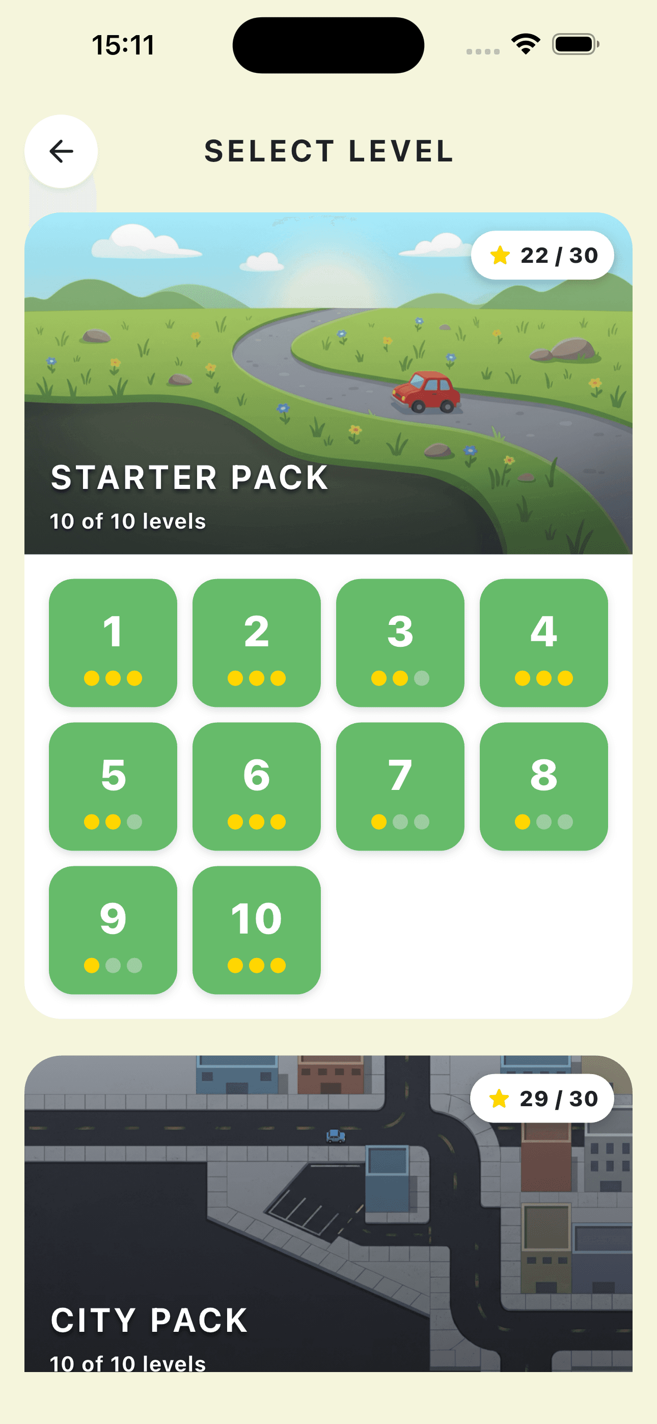 Roadie level select screen with Starter Pack puzzle levels
